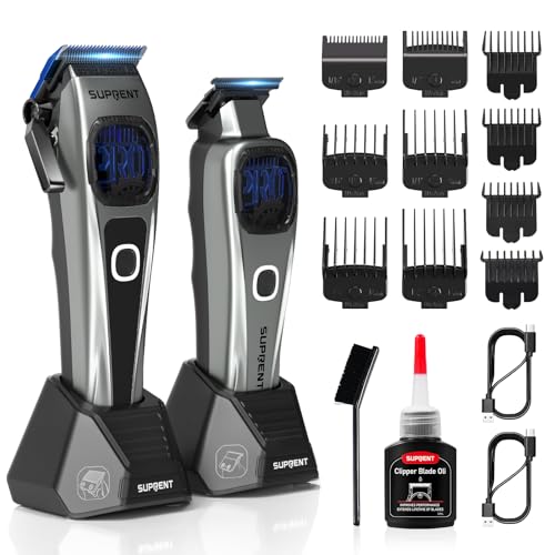 SUPRENT Professional Hair Clippers for Men  Barber Clippers  Zerogapped Trimmer Combo with Charging Stand Up to 10000 RPM Max Motor Speed Blue TitaniumCoated Blades Gray